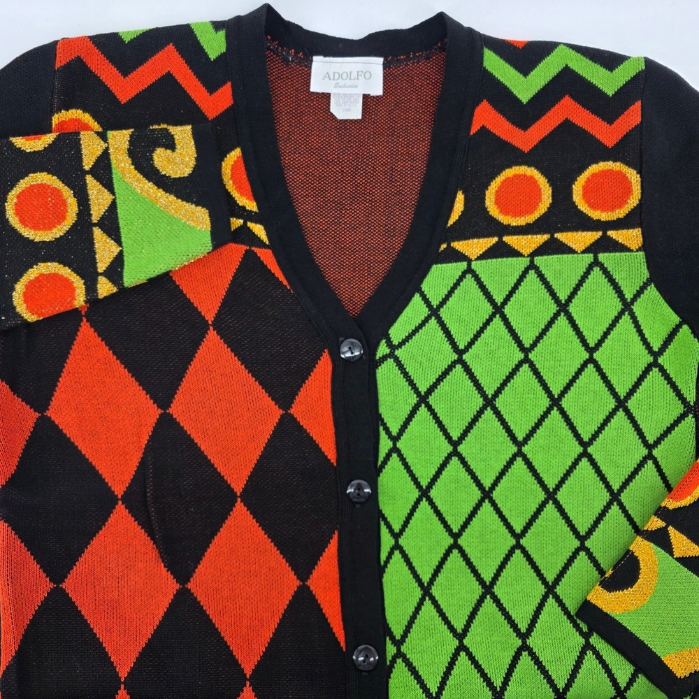 ADOLFO Exclusive Large Black Multi Color Argyle Diamond Geometric Knit Cardigan‎